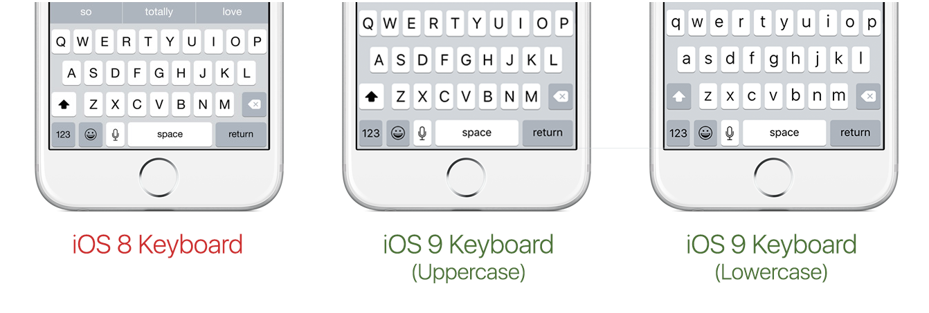 iOS 9's new keyboard, compared to the iOS 8 keyboard